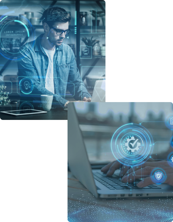 Collage of an IT professional working with his computer and a close-up shot of hands working on a laptop.