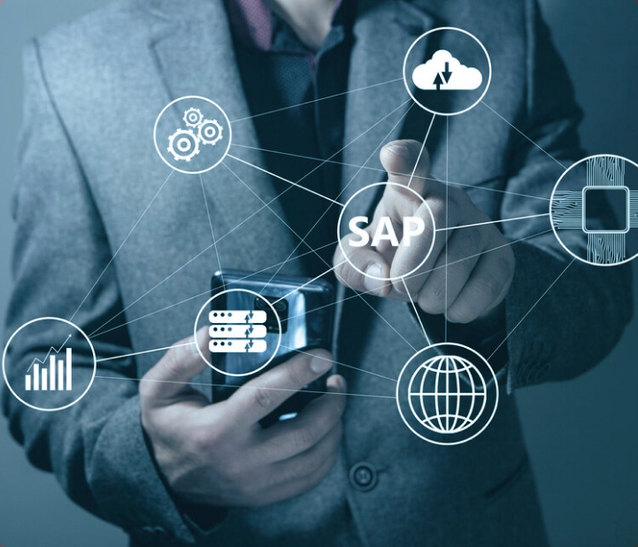 An IT professional working on a virtual display with icons